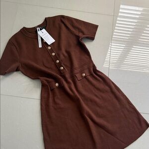 MEROKEETY Brown Short Sleeve Dress with Button Details